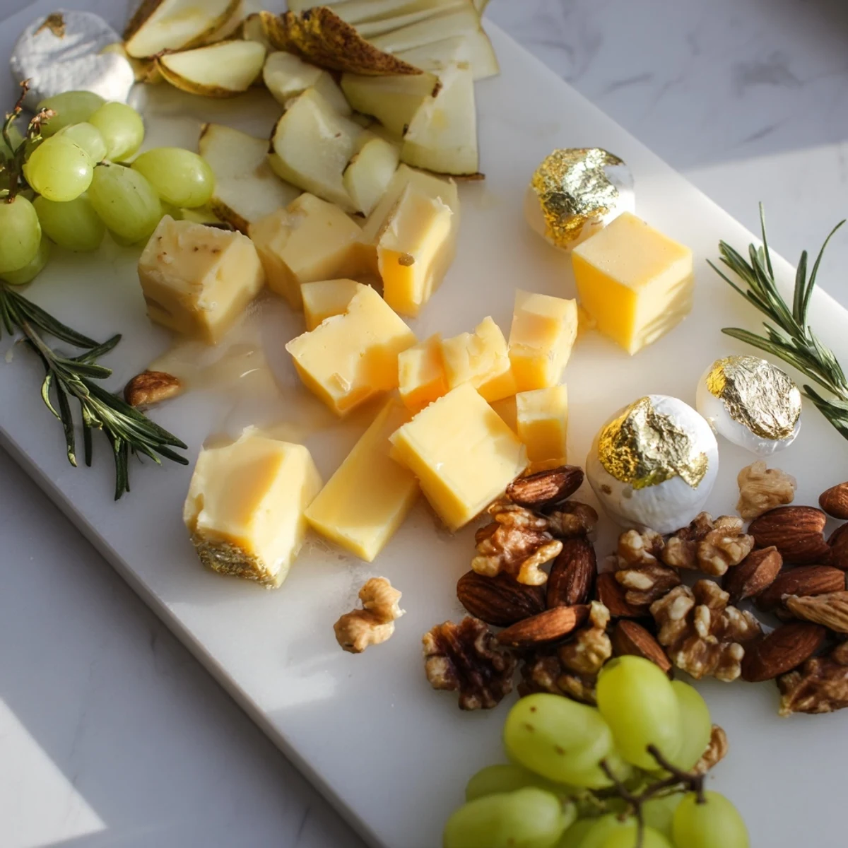 Gold and Silver Cheese Cube Board's vibrant array of cheeses and fruits, ready for serving guests.
