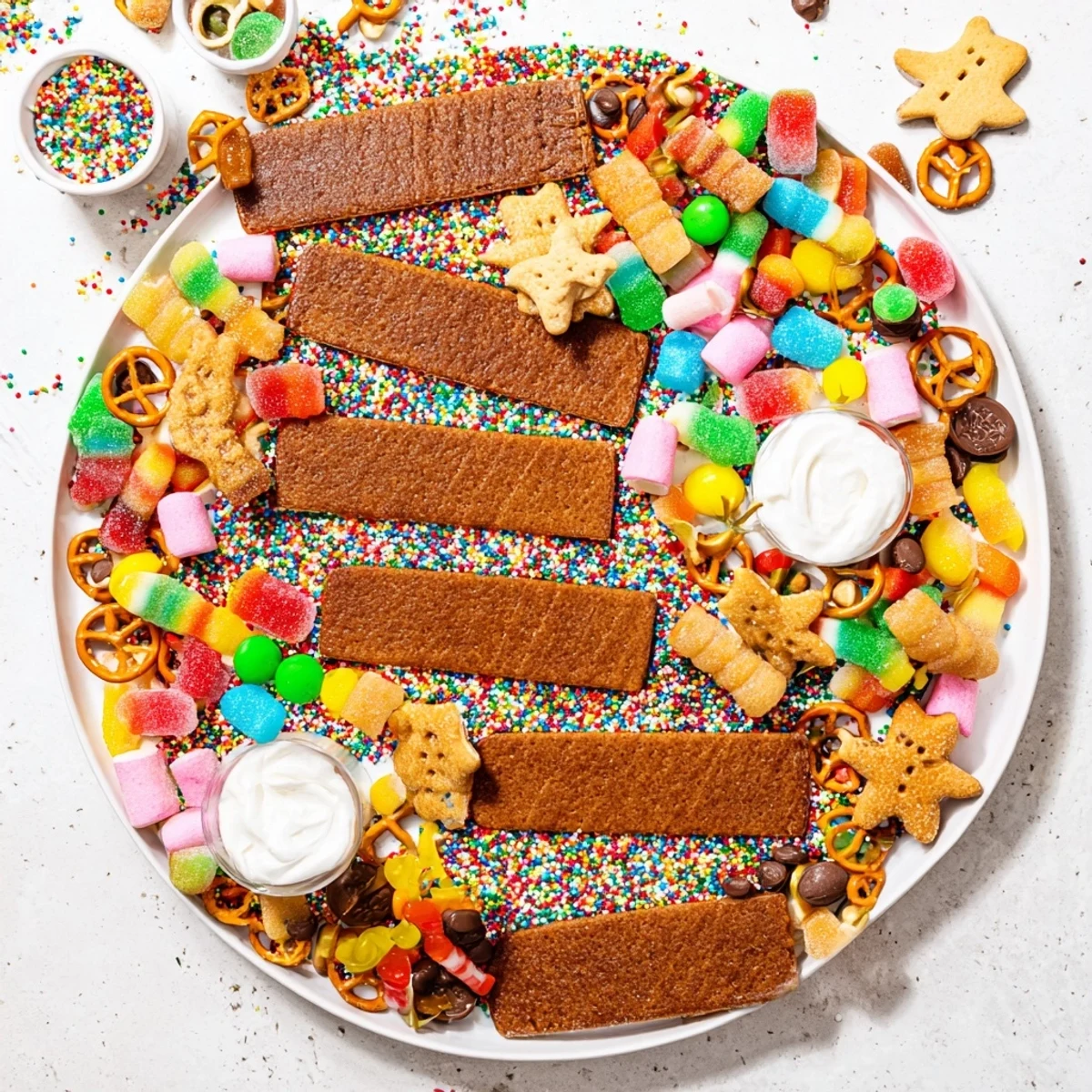 A colorful Candy Land gingerbread path dessert board brimming with candies and sweet surprises, ready to enjoy.