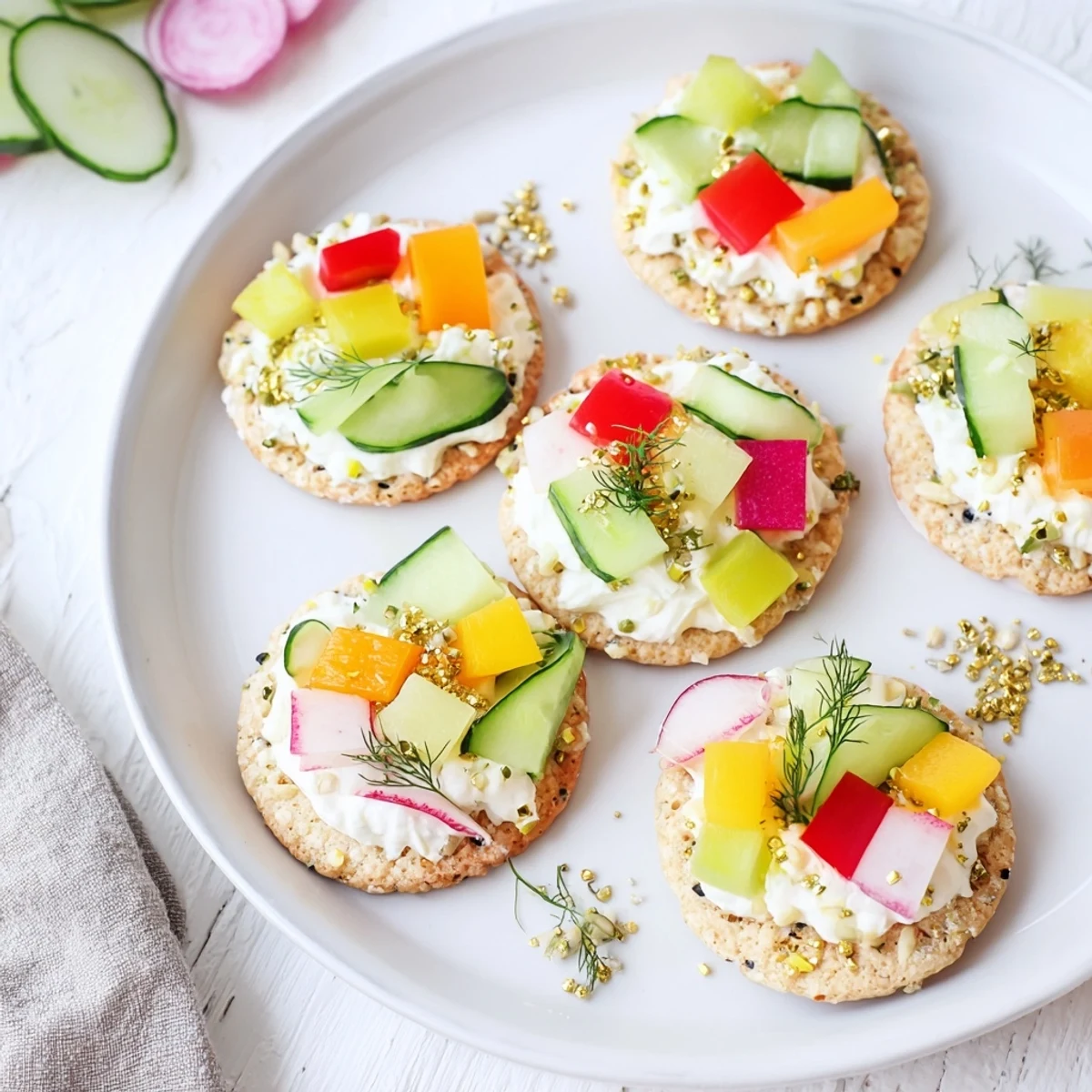 Beautifully arranged ornament-shaped cracker toppings with vibrant bell peppers and creamy cheese spread, ready to serve.