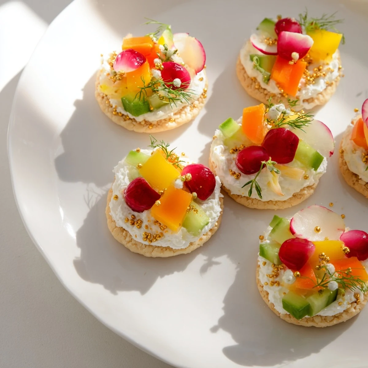 Colorful, festive ornament shaped cracker toppings featuring creamy cheese and fresh veggies; perfect party appetizer.