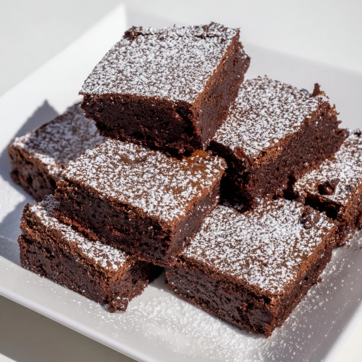 Warm, fudgy brownie squares are beautifully dusted with powdered sugar, ready to serve as dessert.