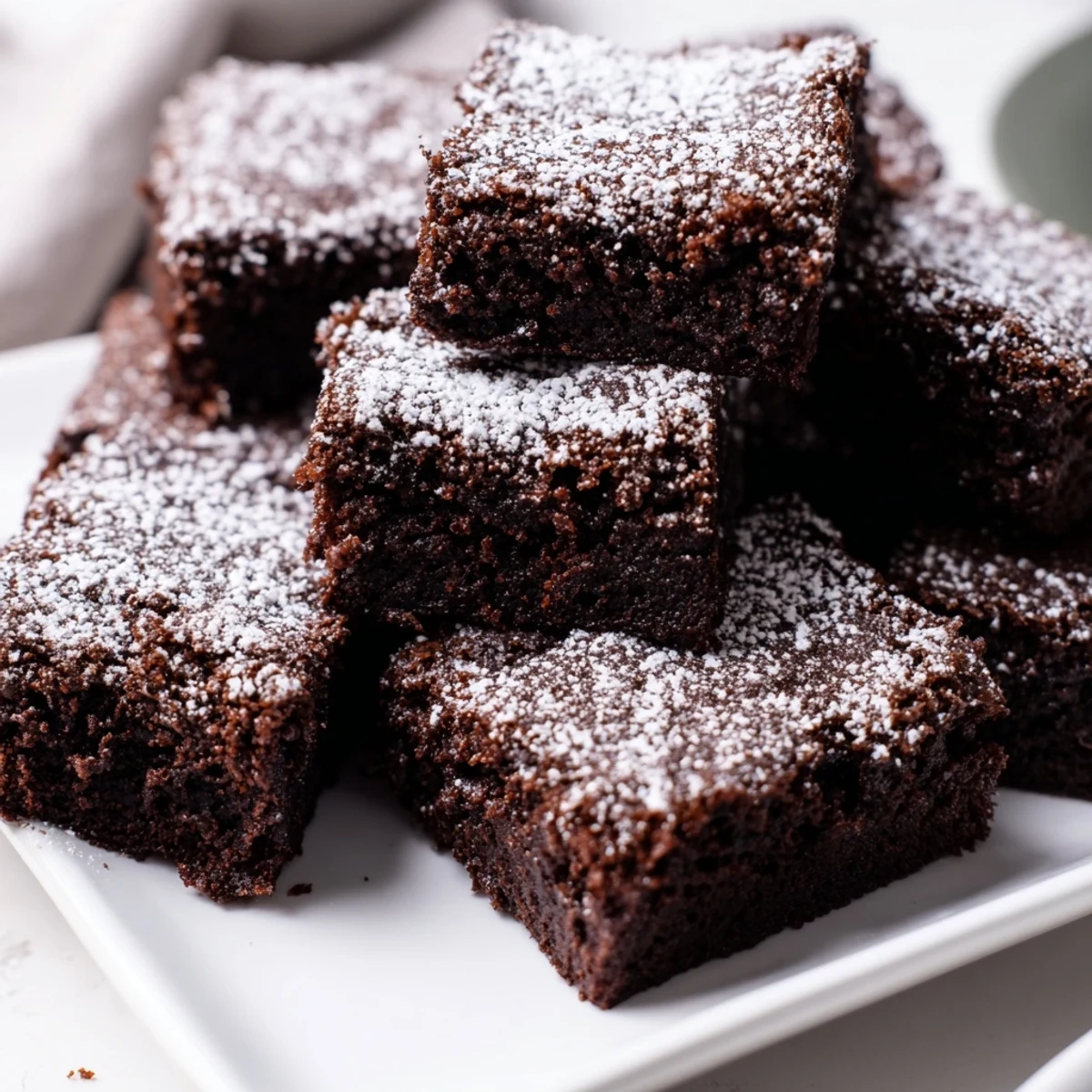 Rich chocolate brownie squares, slightly frosted with powdered sugar, perfect for any sweet craving.
