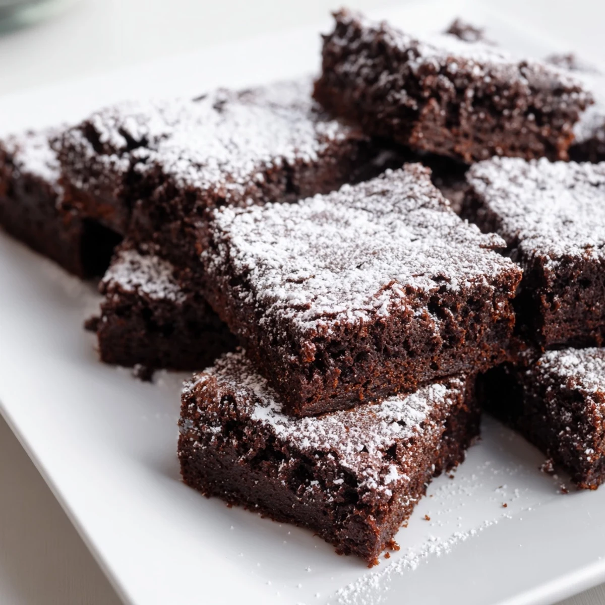 Close-up of freshly baked brownie squares, showing a classic American treat with sweet dusting.