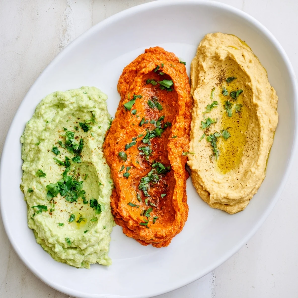Vibrant Dip Trio: Creamy avocado, roasted pepper, and turmeric hummus dips ready for scooping with chips.