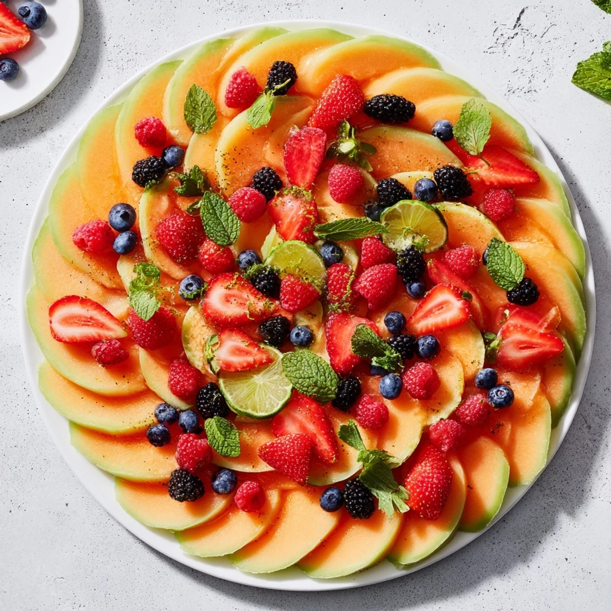 Vibrant fruit platter: concentric layers of juicy melon and berries, a refreshing summer appetizer.