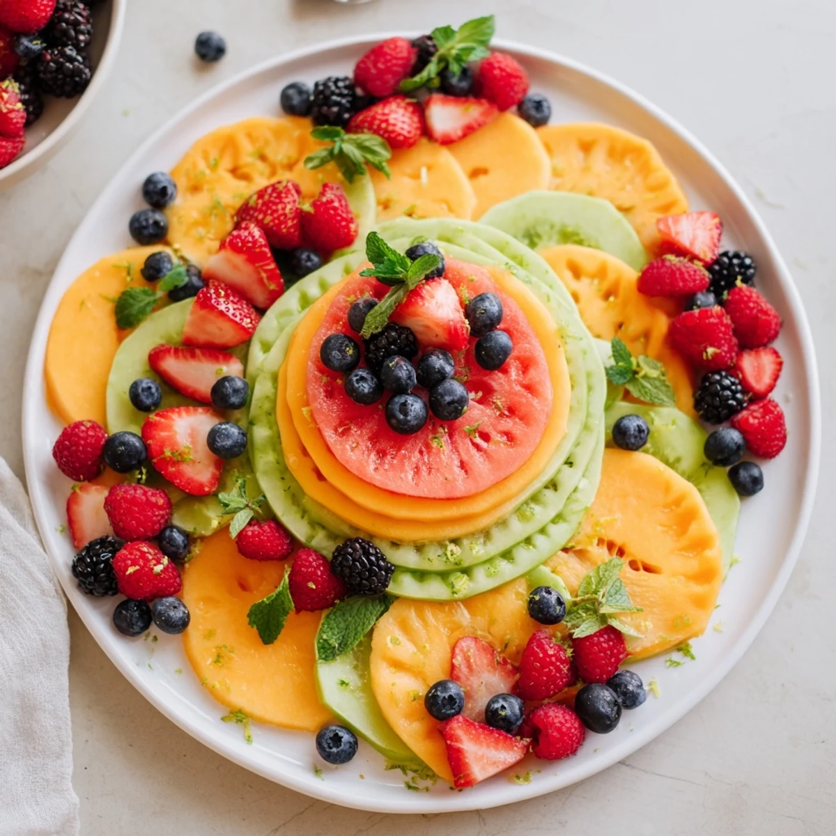 A beautifully arranged fruit platter showcasing colorful melon rounds and mixed berries, perfect for sharing.