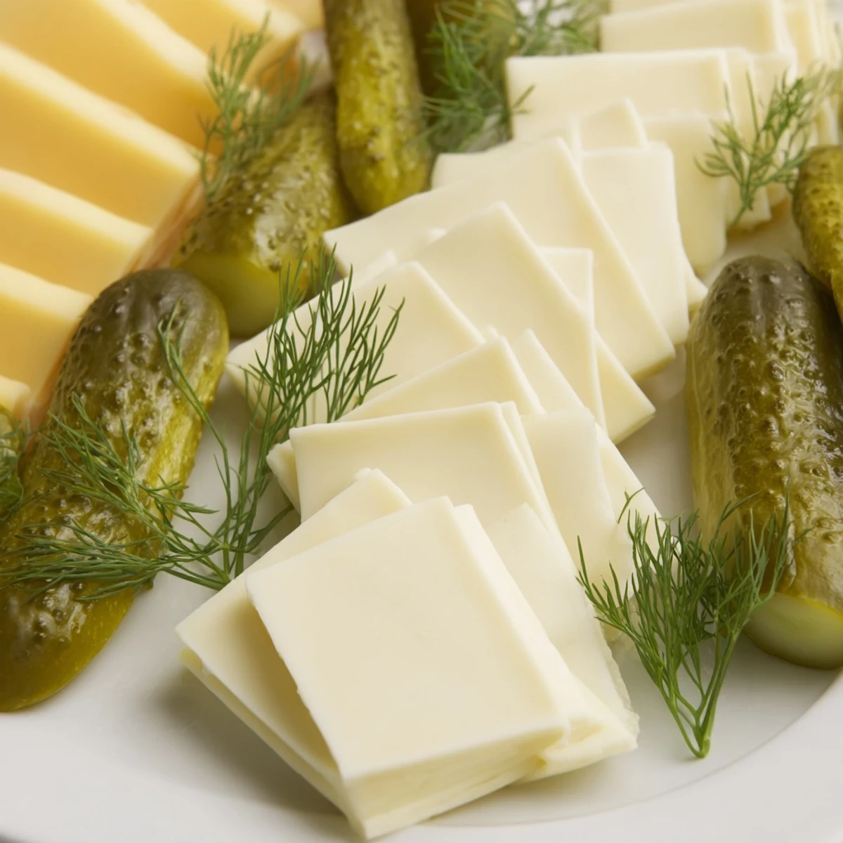Dill pickles and cheese appetizer, a refreshing combo: salty pickles with creamy cheddar, Swiss, and Gouda.