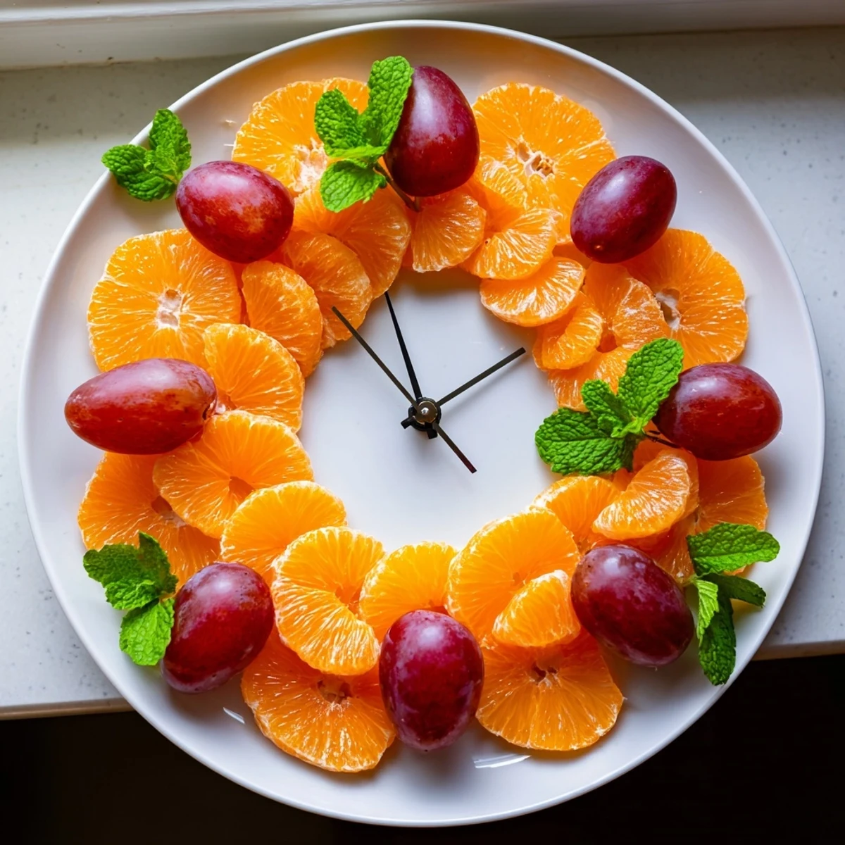 Fresh orange and grape slices arranged like a clock, perfect for kids' brunch or a snack.
