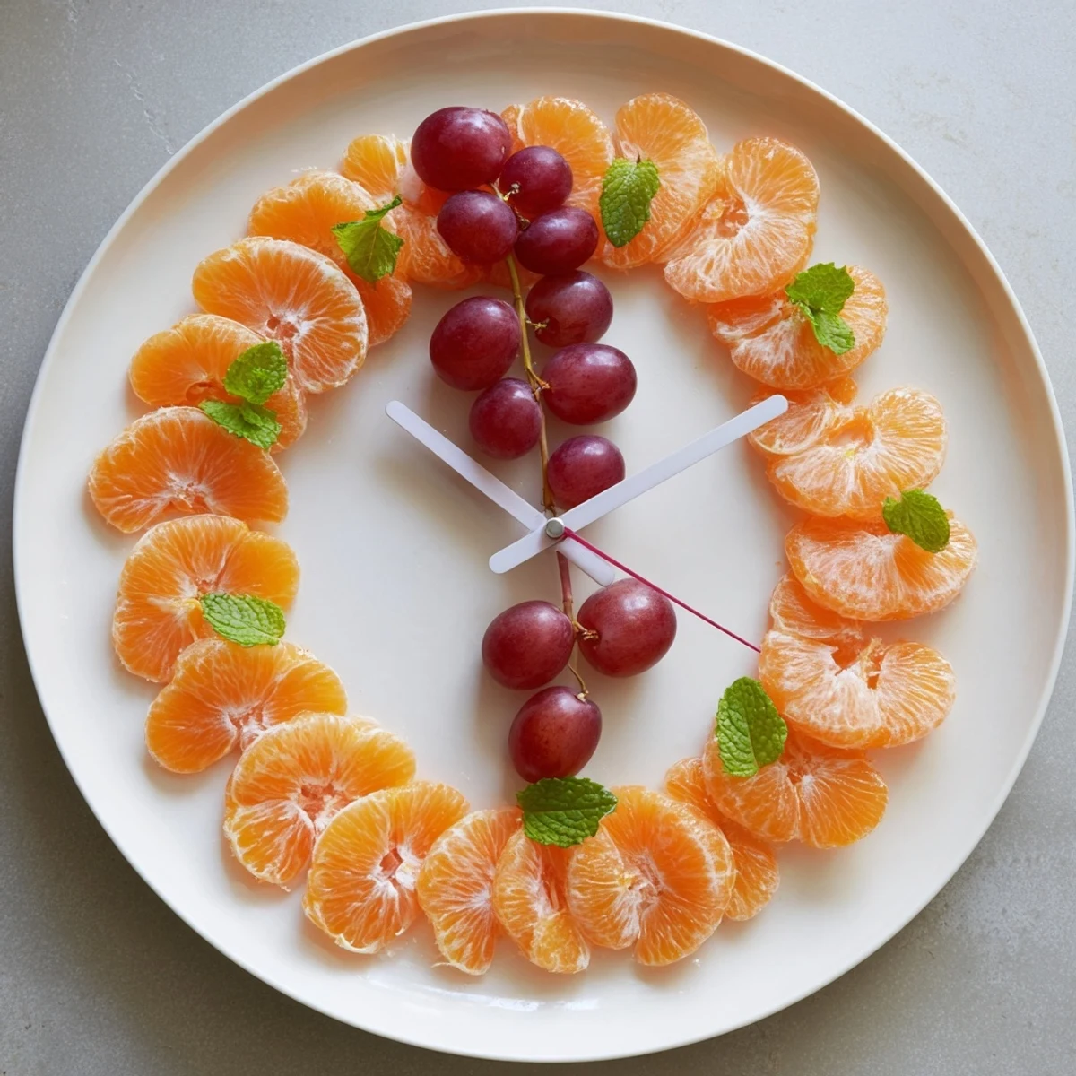 Vibrant grape and orange slice clock face, a sweet fruit platter for a fun and healthy brunch.