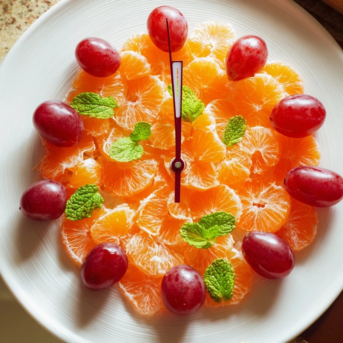 Beautifully arranged grape and orange slice clock face, a colorful and healthy snack or brunch creation.