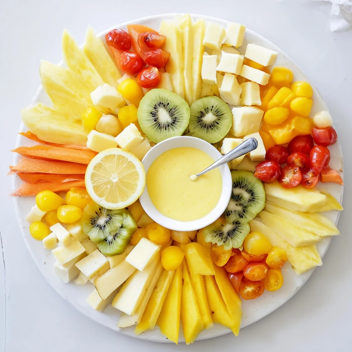 Yellow fruit radiates around a citrus slice, making this Sunny Yellow Citrus Burst a cheerful appetizer.