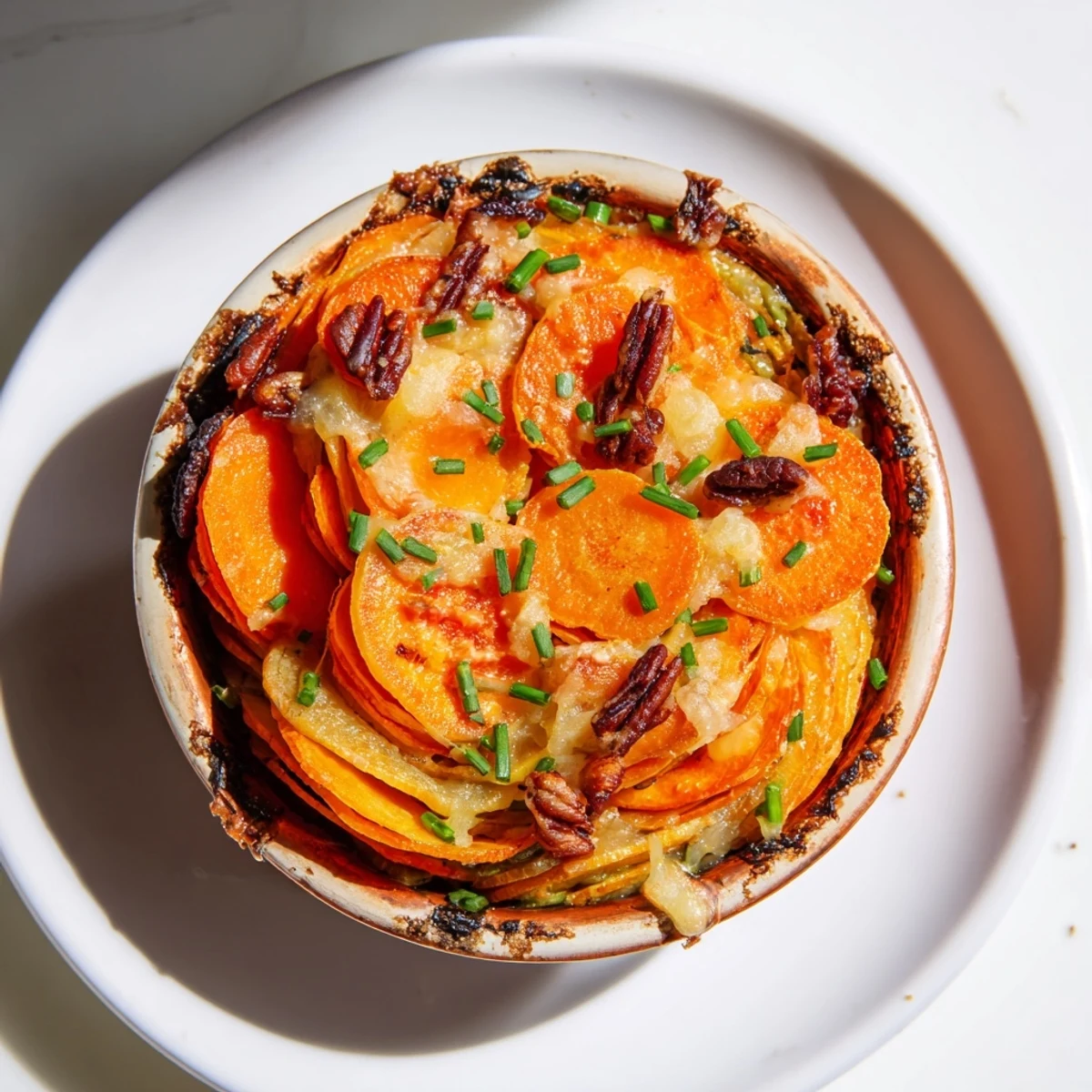 Golden-topped Copper Penny Warmth with sweet potatoes, apricots, and pecans, ready to serve.