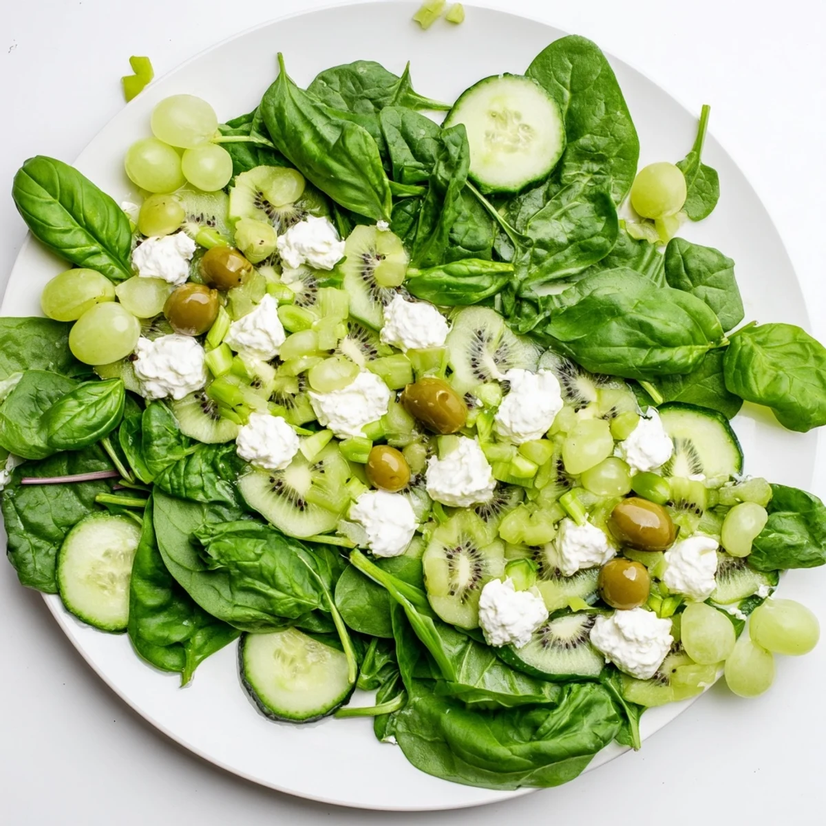 Emerald Isle Greenscape salad with creamy mozzarella river and fresh basil leaves for serving.