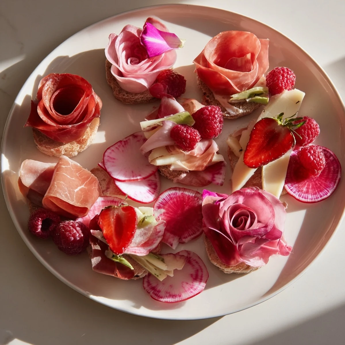 A vibrant presentation of Pink Petal Watercolor Wash, featuring prosciutto roses and colorful sliced radishes.