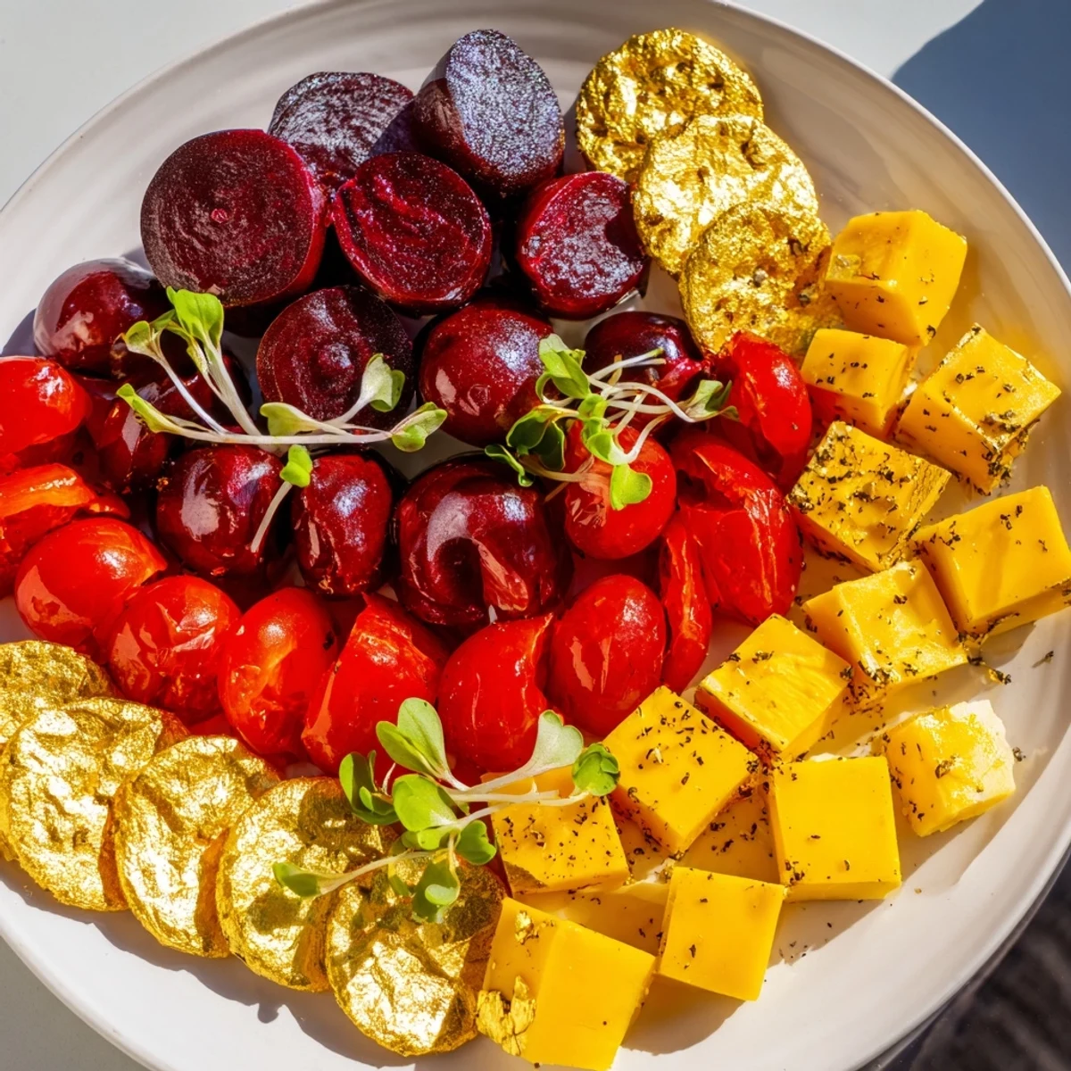 Crimson & Gold Gala appetizer platter with vivid red cherries and golden roasted peppers looks delicious.