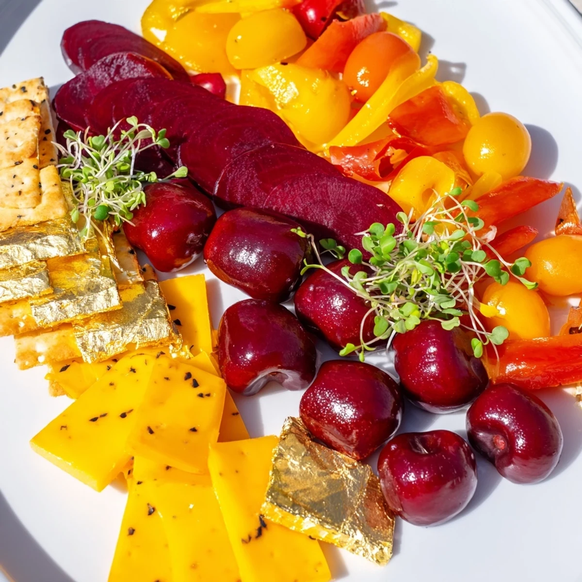 Vibrant Crimson & Gold Gala cheese board featuring bright golden crackers and flavorful wine-soaked cheese.