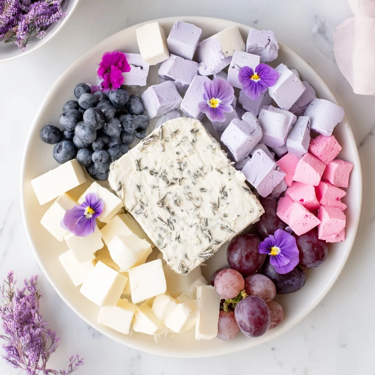A beautiful Lavender Haze Dreamscape cheese board: a visual of purple grapes, cheeses, and crackes, ready to serve.