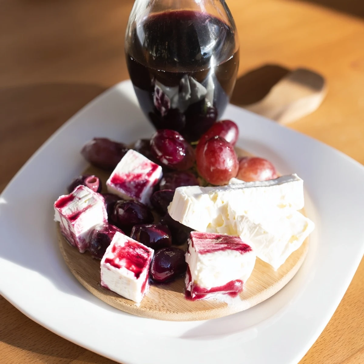 A stunning presentation of Ruby Red Wine Stain Board, filled with cheeses and charcuterie.