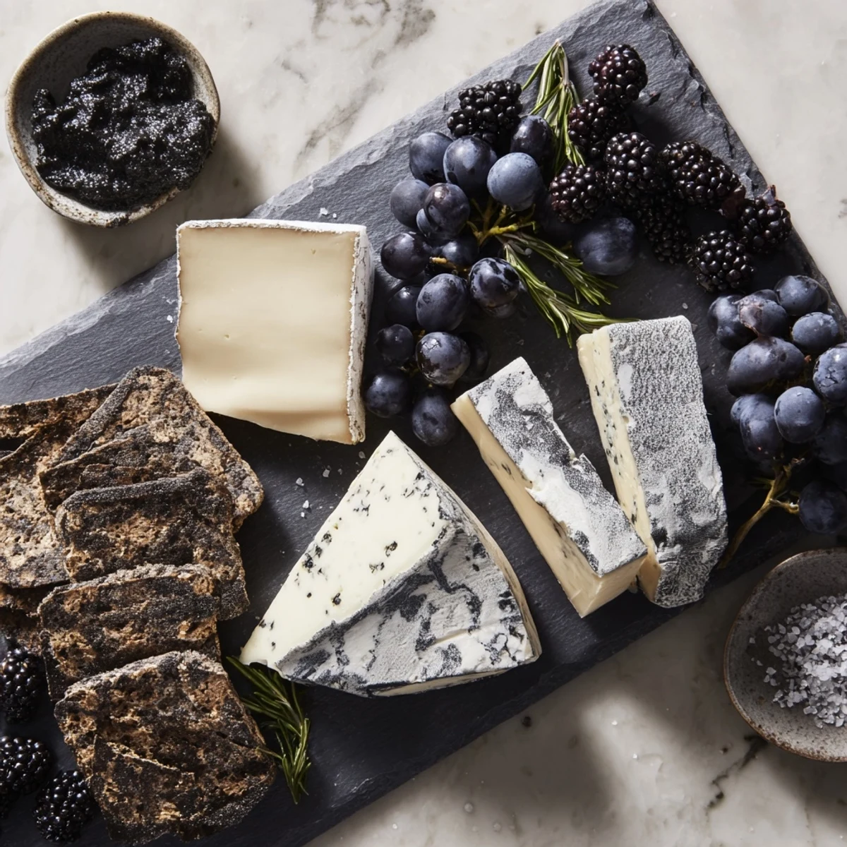 Monochrome Gray Stone Cheese Board, artfully arranged with ash-rinded cheeses, waiting to be served.