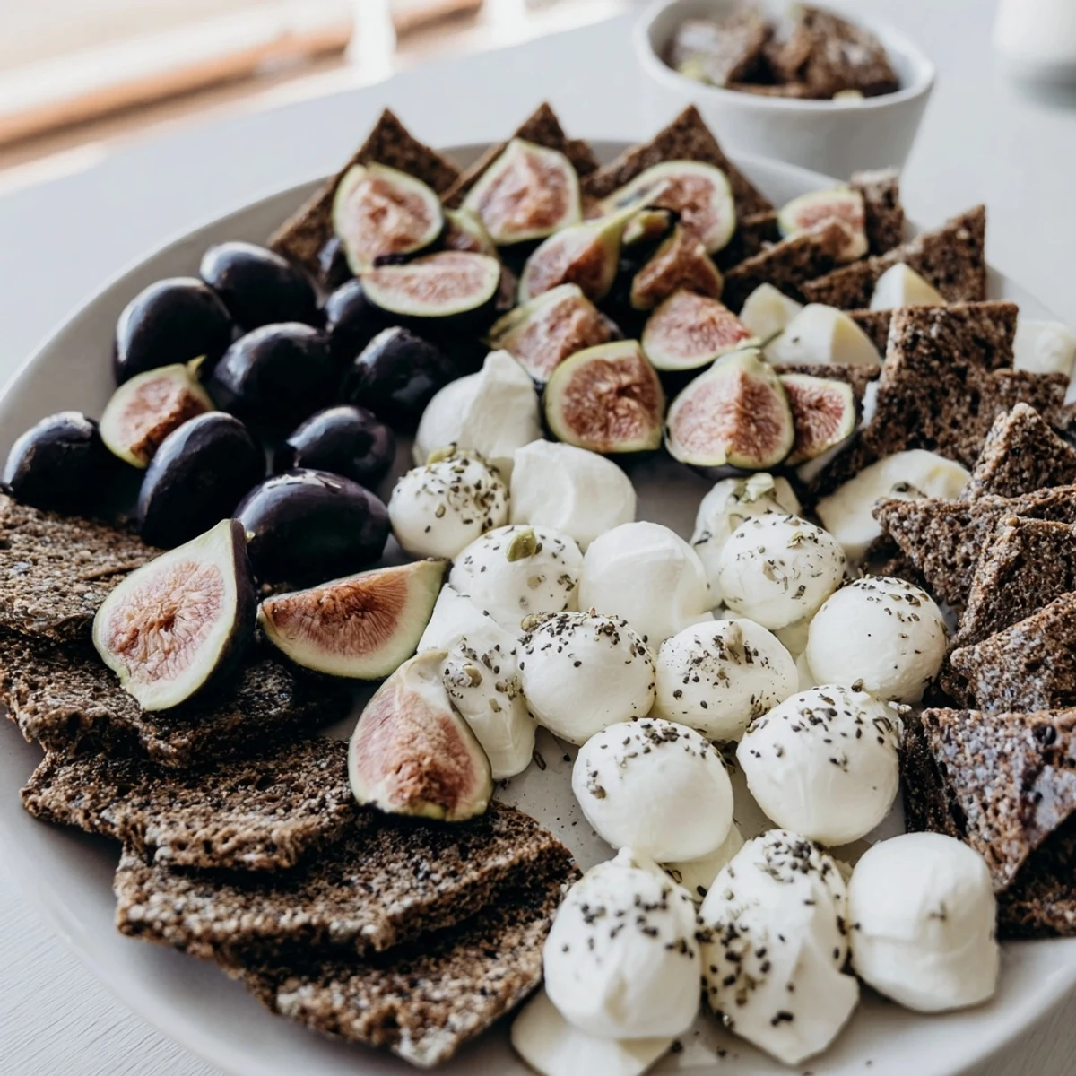 Elegant Black and White Formal Affair appetizer platter, featuring black olives and fresh mozzarella with a drizzle.