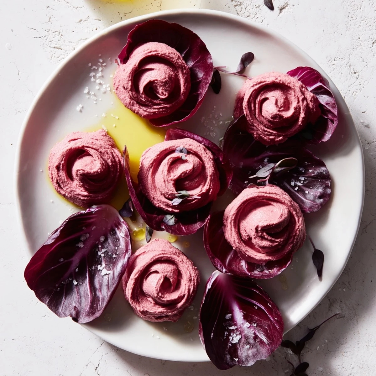 A delicious Vegan The Velvet Rose appetizer displays roasted beet hummus in artful, decorative servings.