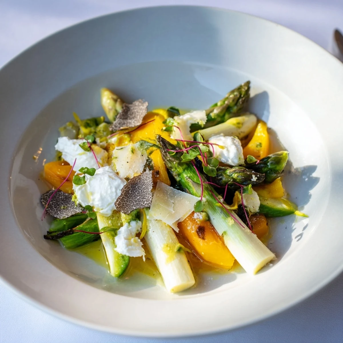 Elegant Silver Birch appetizer with delicate white asparagus, burrata, and black truffle shaving.