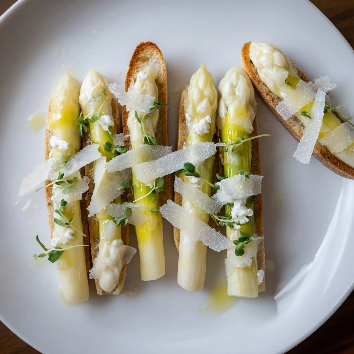 Visually stunning Silver Birch featuring shaved truffle, drizzled dressing, and fresh asparagus.