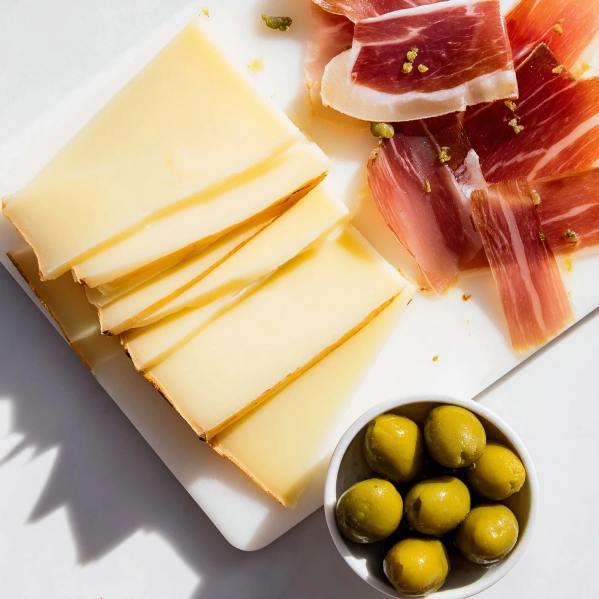 Elegant The Minimalism Master cheese board with aged Comté, Iberian ham and bright green olives.