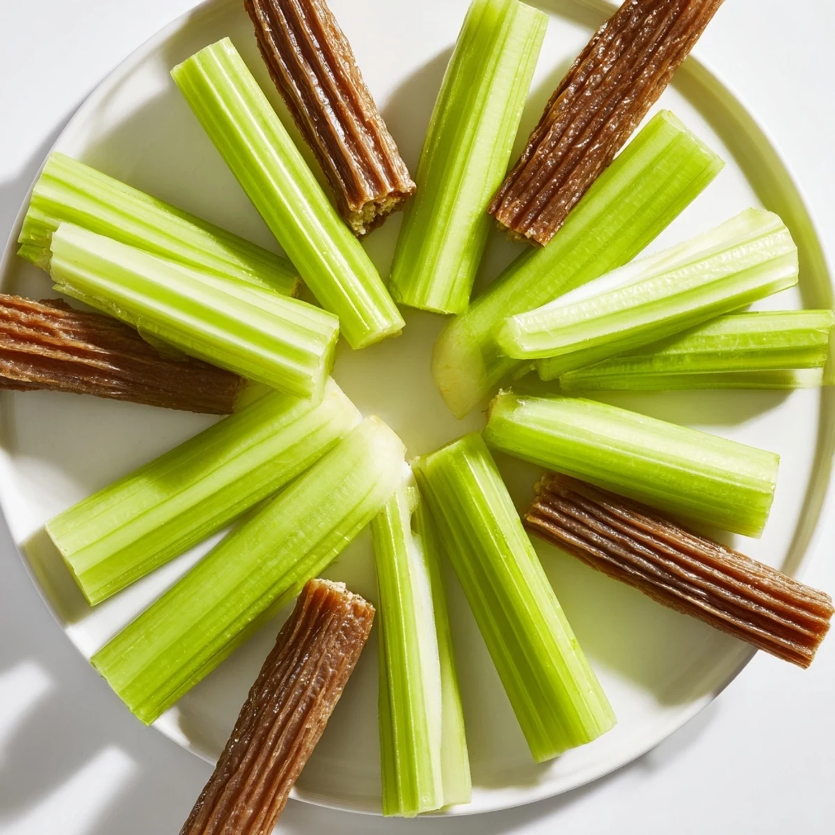 A rustic wheel of appetizers, featuring fresh celery and savory meat sticks arranged on a board.
