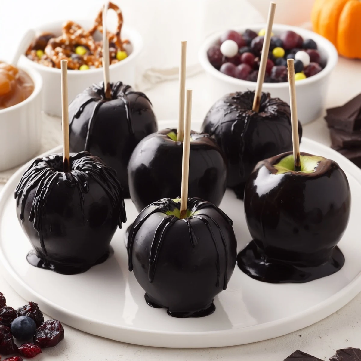 Vibrant poison apple Halloween treat board, showcasing glossy, black-coated apples for a festive dessert.