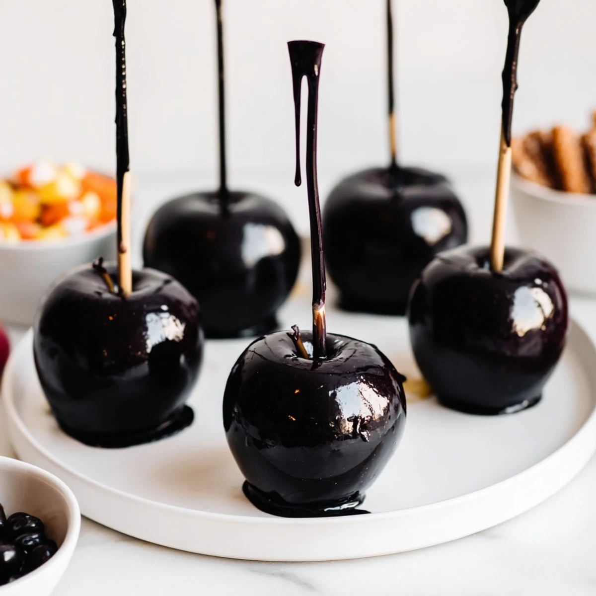 Dark, shimmering poison apples glistens next to a selection of Halloween treats on a party board.
