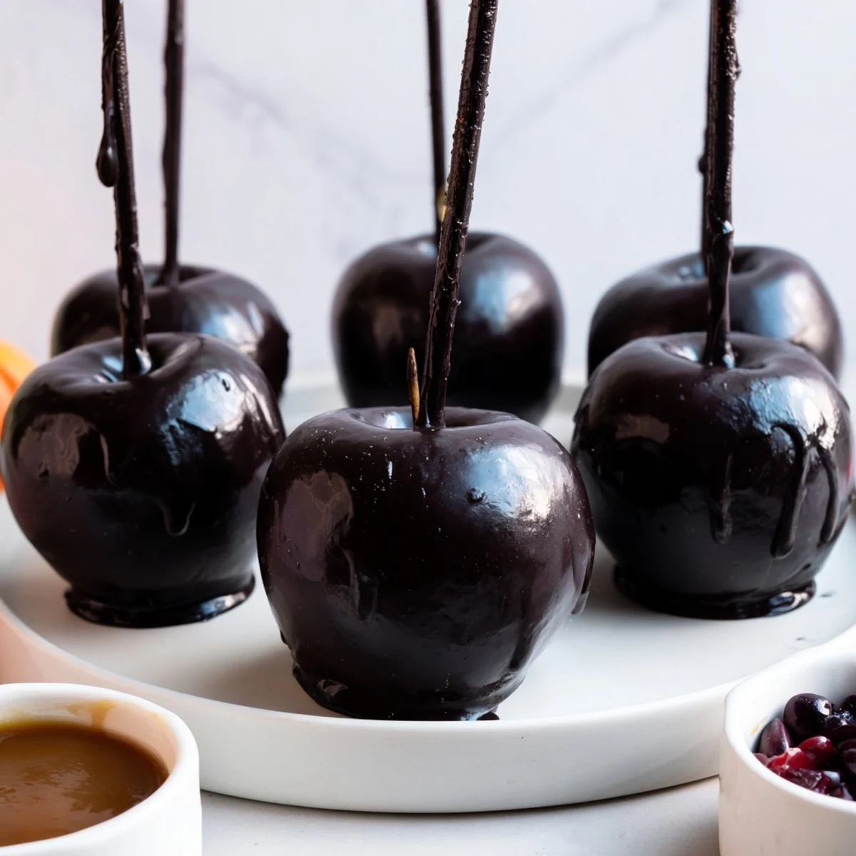 A delicious poison apple board offers an array of sweets, including black apples and chocolate for Halloween.