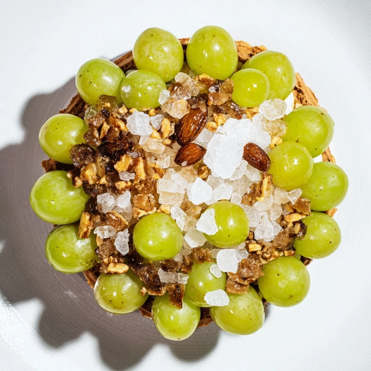 The Crystal Cave dessert, showing sparkling grapes spilling from a dark chocolate cracker cave.