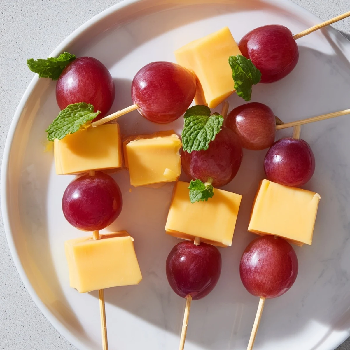 Golden cheddar cheese and red grape skewers, a quick and easy appetizer ready in minutes.