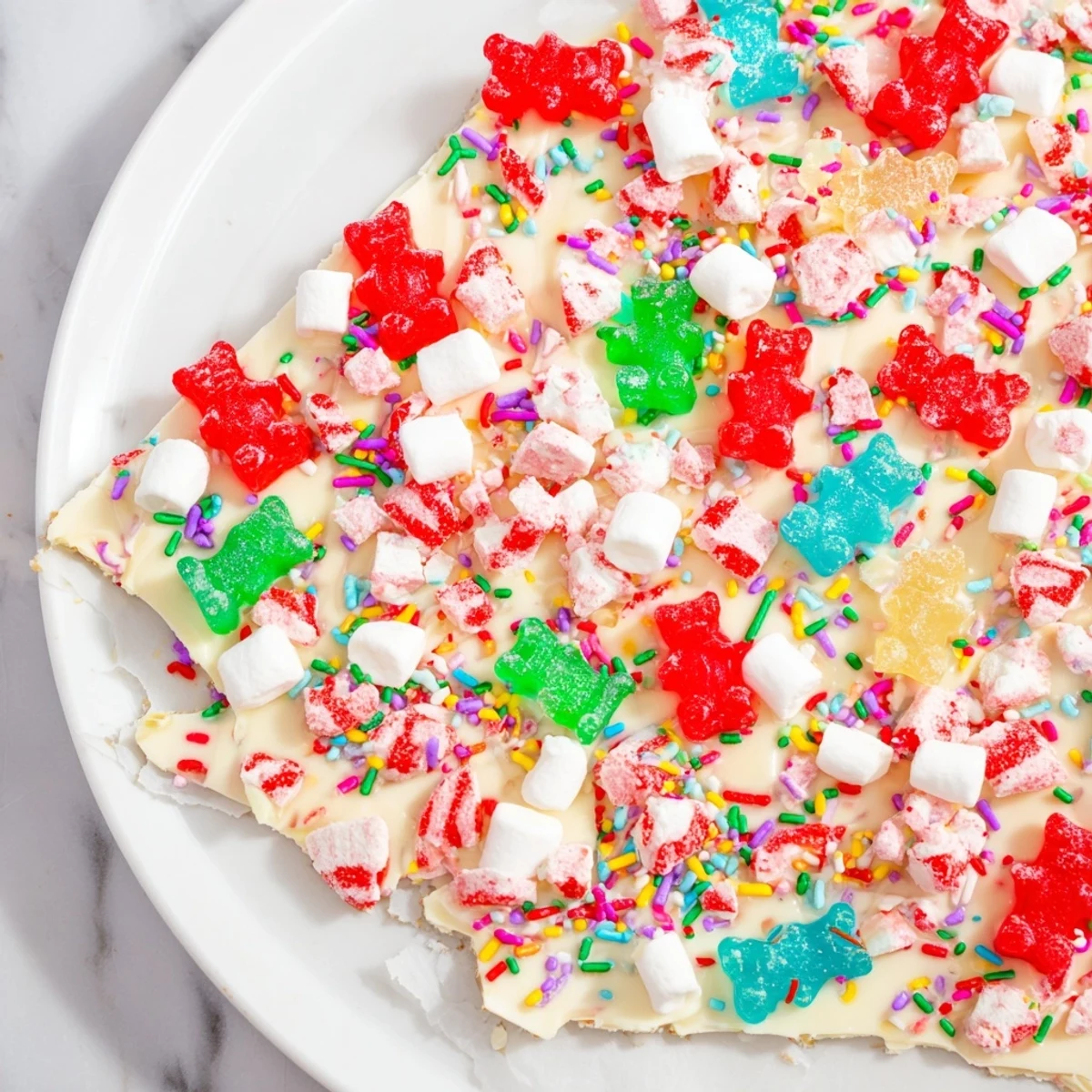 Gummy bears and candy canes scattered on a white chocolate bark, a festive, colorful sweet treat.