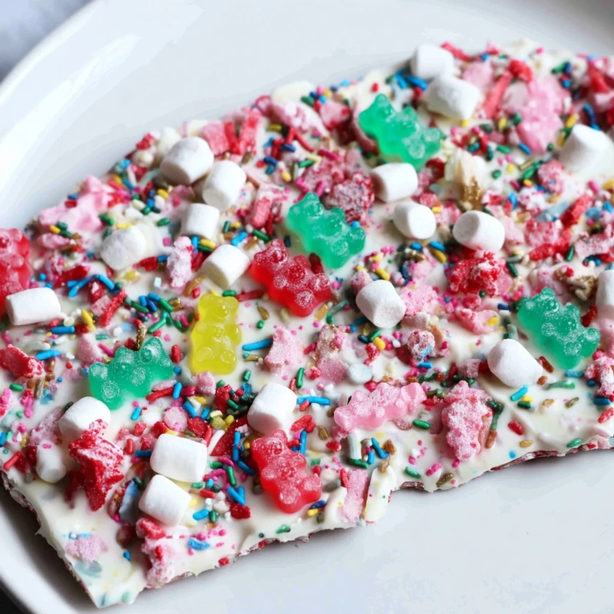 Homemade gummy bear candy cane bark, a delightful dessert with vibrant colors and delightful textures.