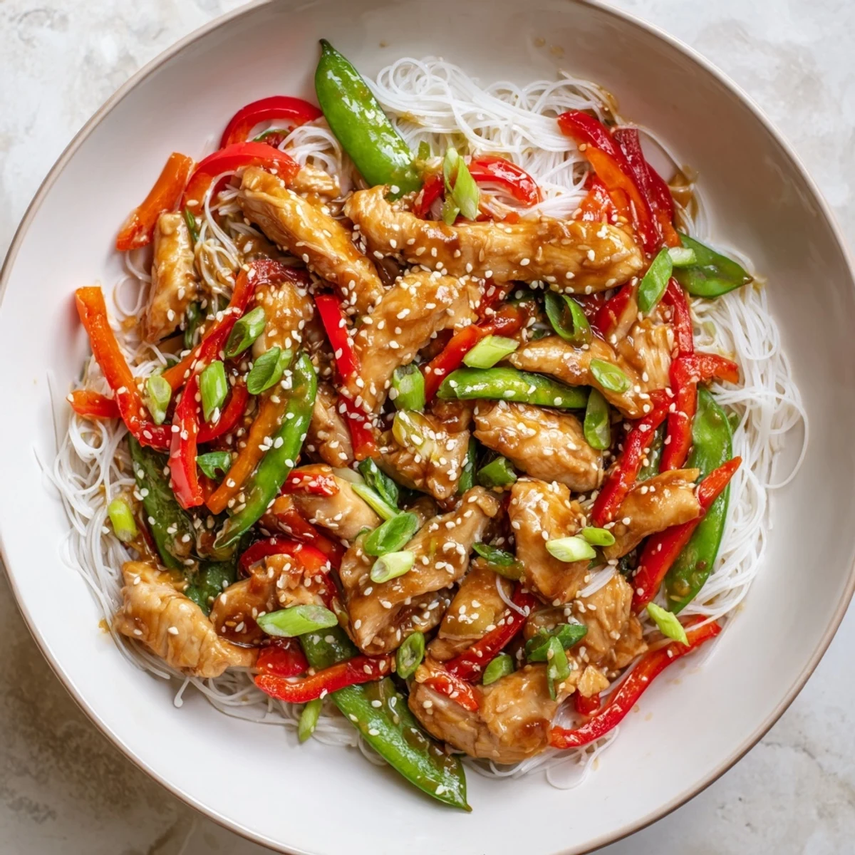 Tender Mongolian Chicken glistening with glossy sauce over a bed of soft rice noodles, ready to eat.