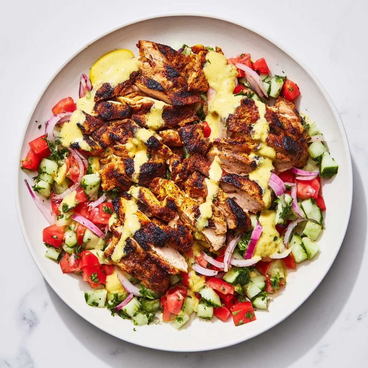 Imagine the textures: succulent chicken shawarma atop a refreshing salad, finished with drizzled tahini dressing.