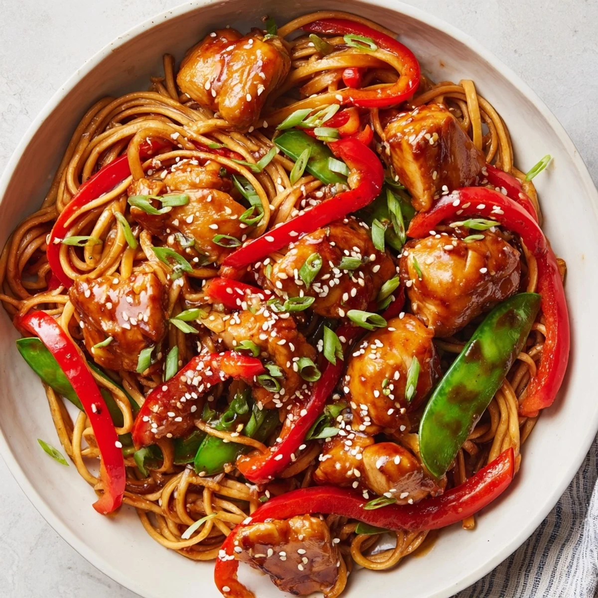 Savory sesame hoisin ground chicken pasta dish with vibrant red bell peppers and scallions on display.