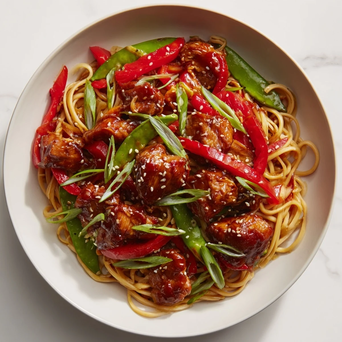 A warm bowl of sesame hoisin ground chicken pasta, ready to serve with beautifully cooked linguine noodles.