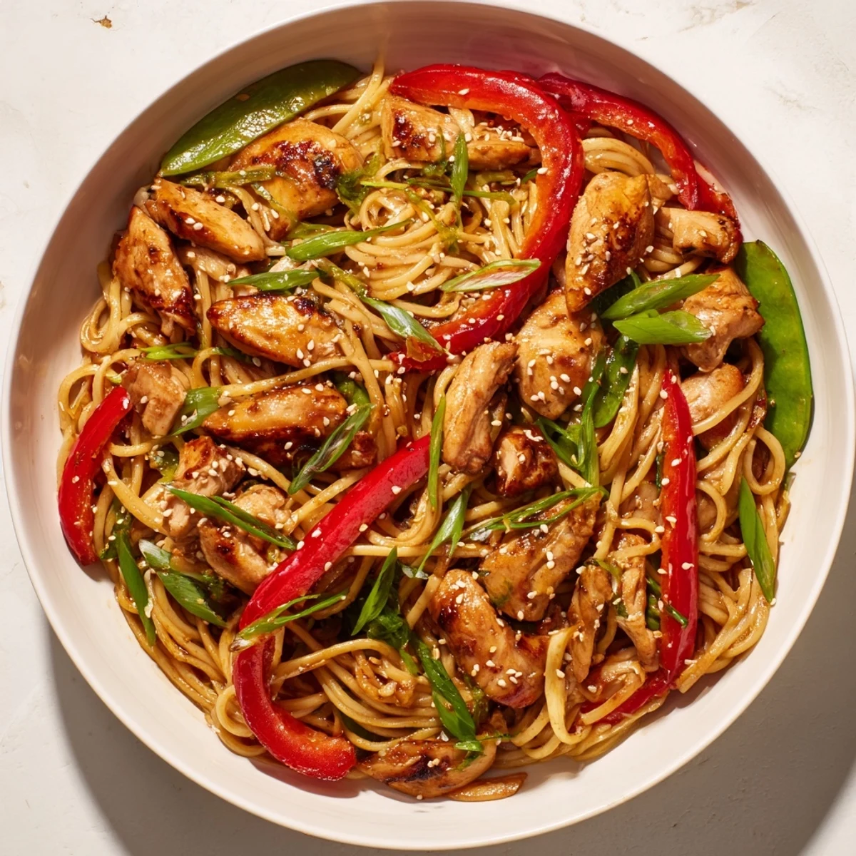 Tender ground chicken and vibrant vegetables, enrobed in a rich hoisin sauce, is this sesame pasta.