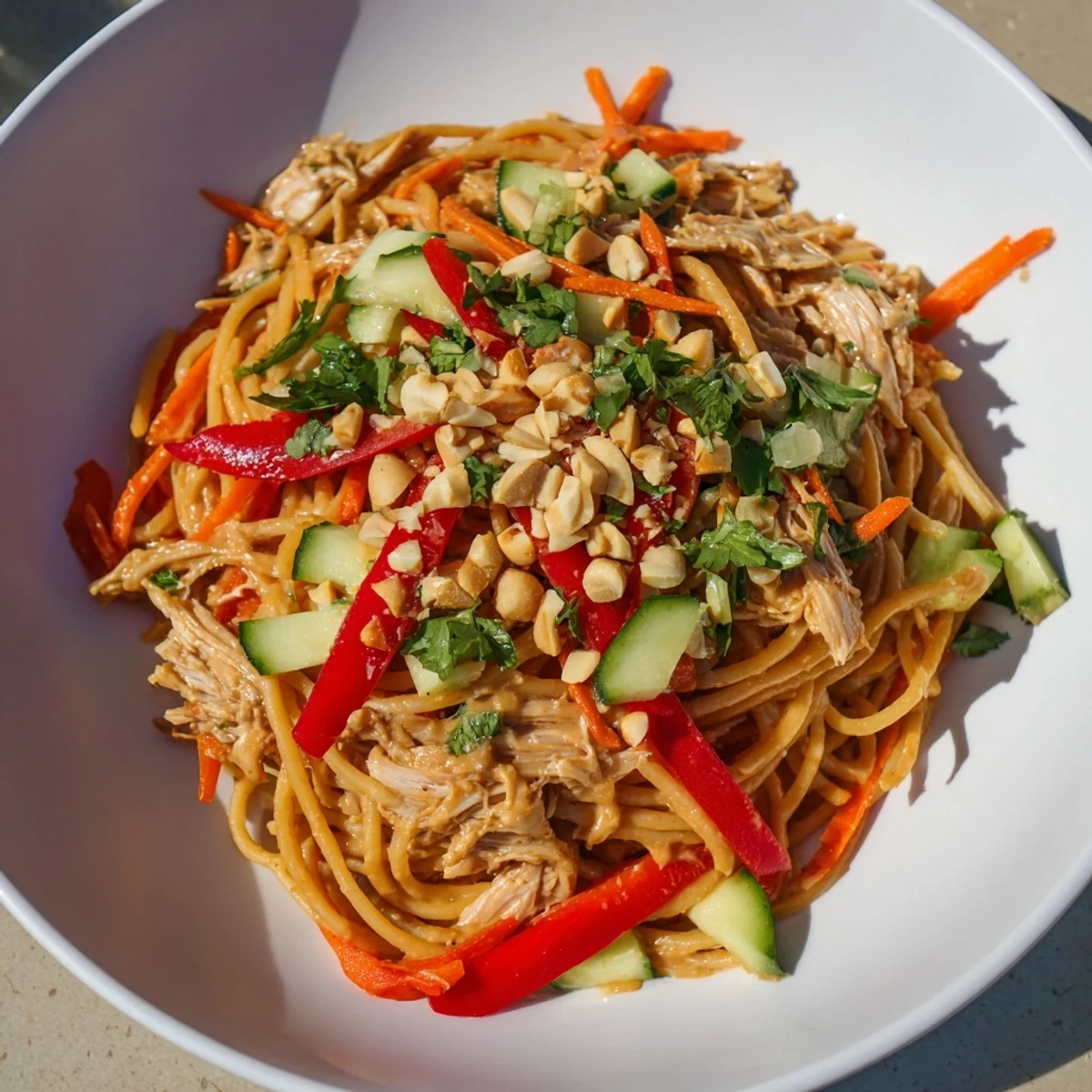 A bowl of fresh Thai-Inspired Peanut Chicken Pasta, showing tender chicken paired with colorful vegetables.