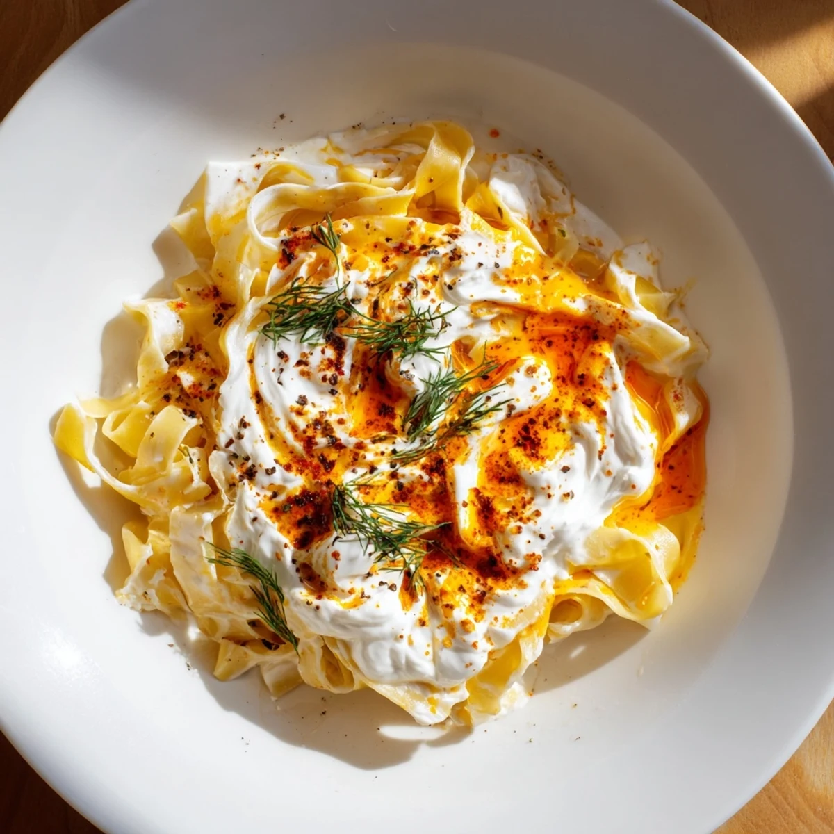 Warm Turkish pasta topped with vibrant red paprika butter and creamy yogurt sauce.