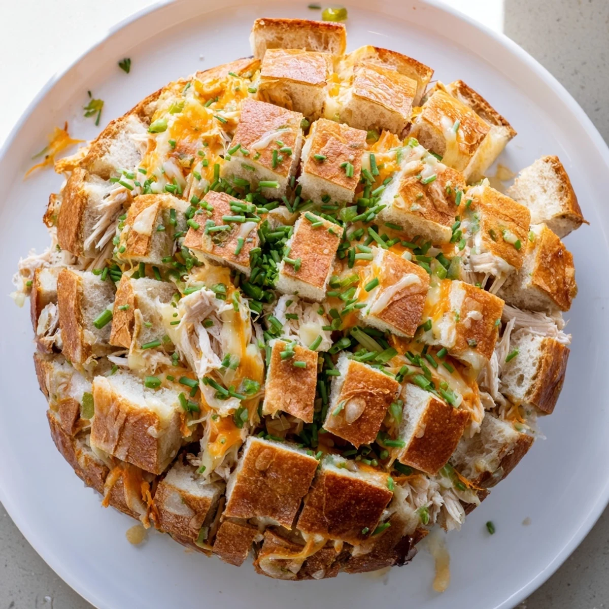 Flavorful Cheesy Leftover Chicken Bake Pull-Apart Bread: a comforting loaf oozing savory chicken and melted cheese.