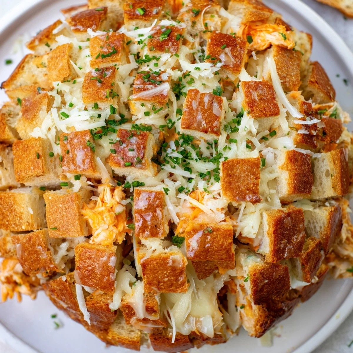 Warm and gooey: imagine this Cheesy Leftover Chicken Bake Pull-Apart Bread with golden, bubbly cheese.