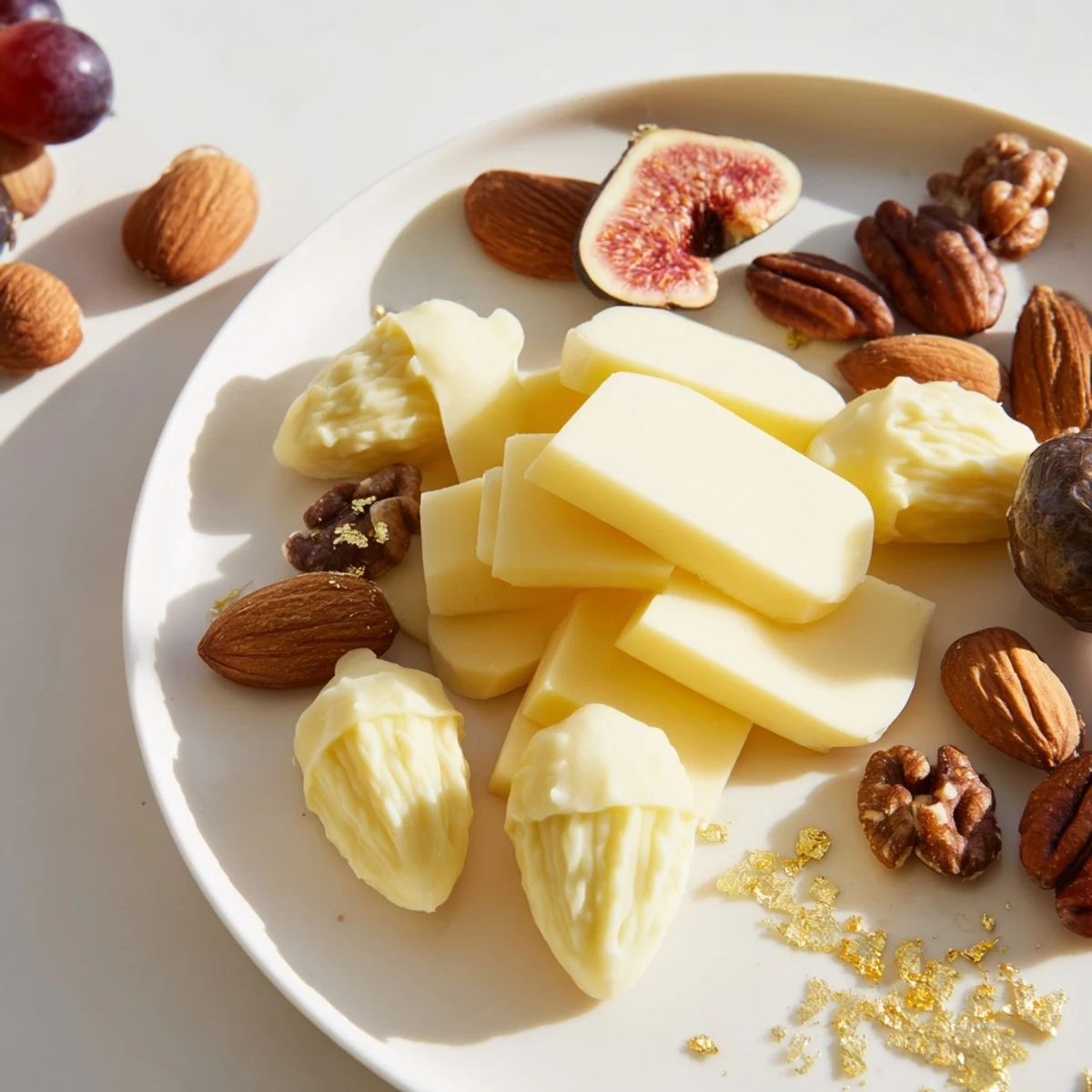 Golden-dusted almonds gleam next to acorn cheese cutouts on this The Gilded Acorn charcuterie board.