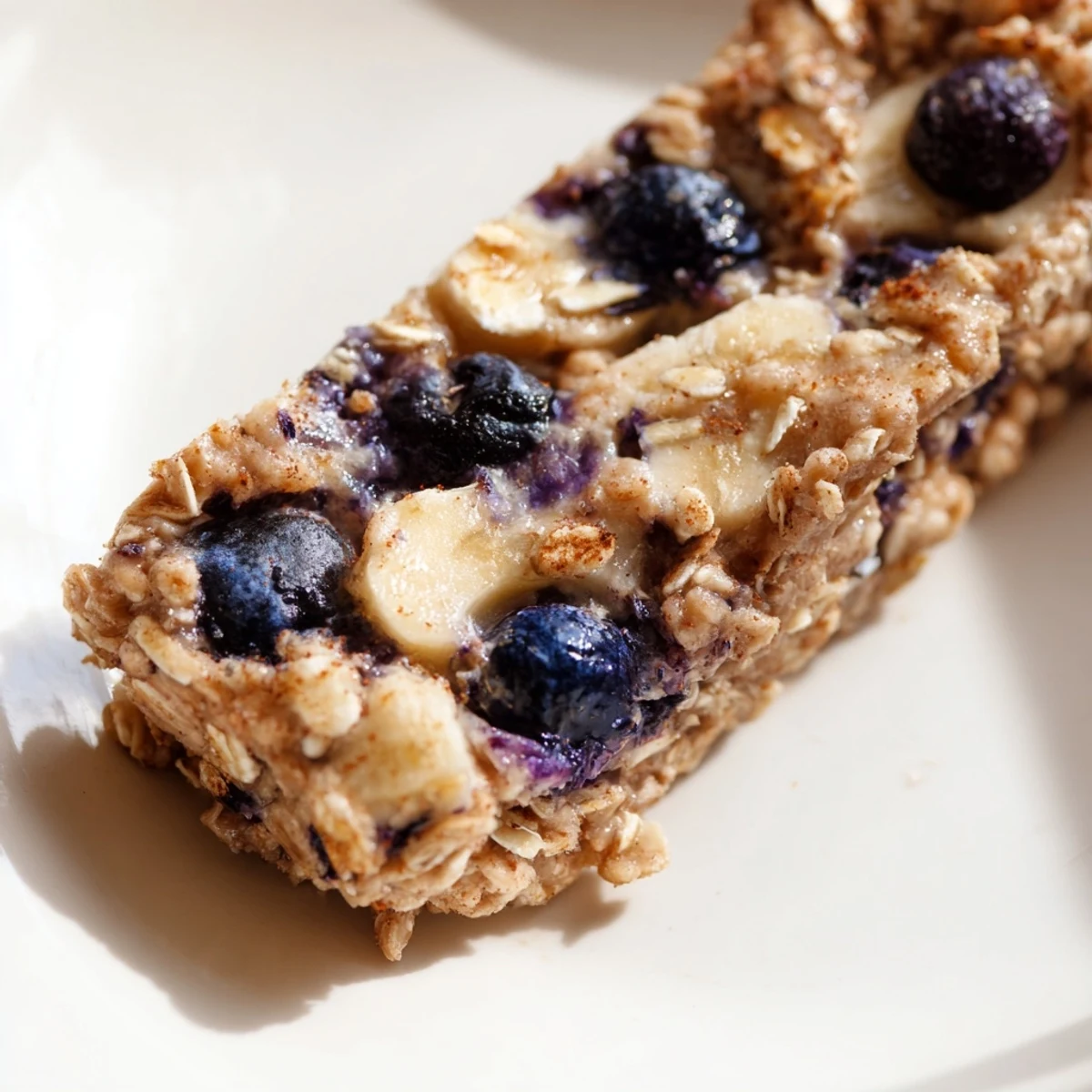 Golden-baked Blueberry Banana Oatmeal Protein Bars with bursting blueberries, perfect for breakfast.