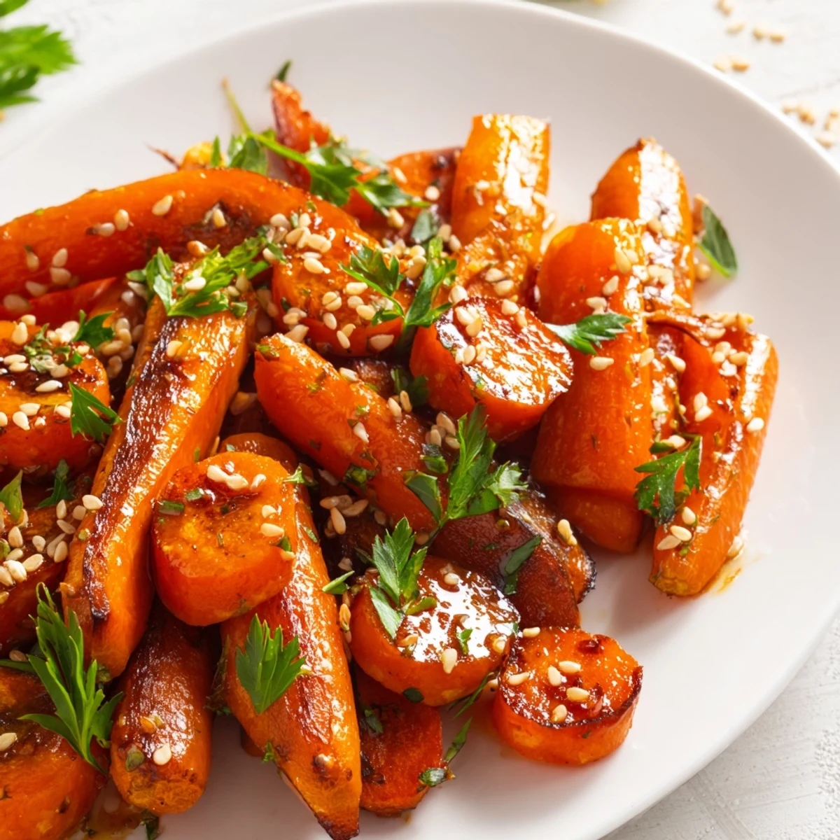 Golden brown maple mustard roasted carrots, ready to serve, offer a delightful sweetness and tanginess.