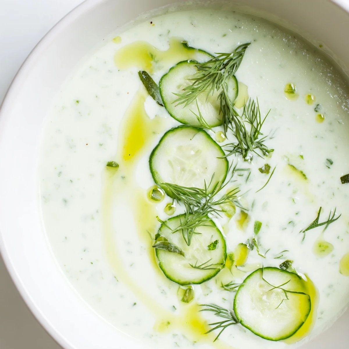 Cool, vibrant Chilled Cucumber Garlic Soup, a refreshing blend of yogurt and garden-fresh cucumbers.
