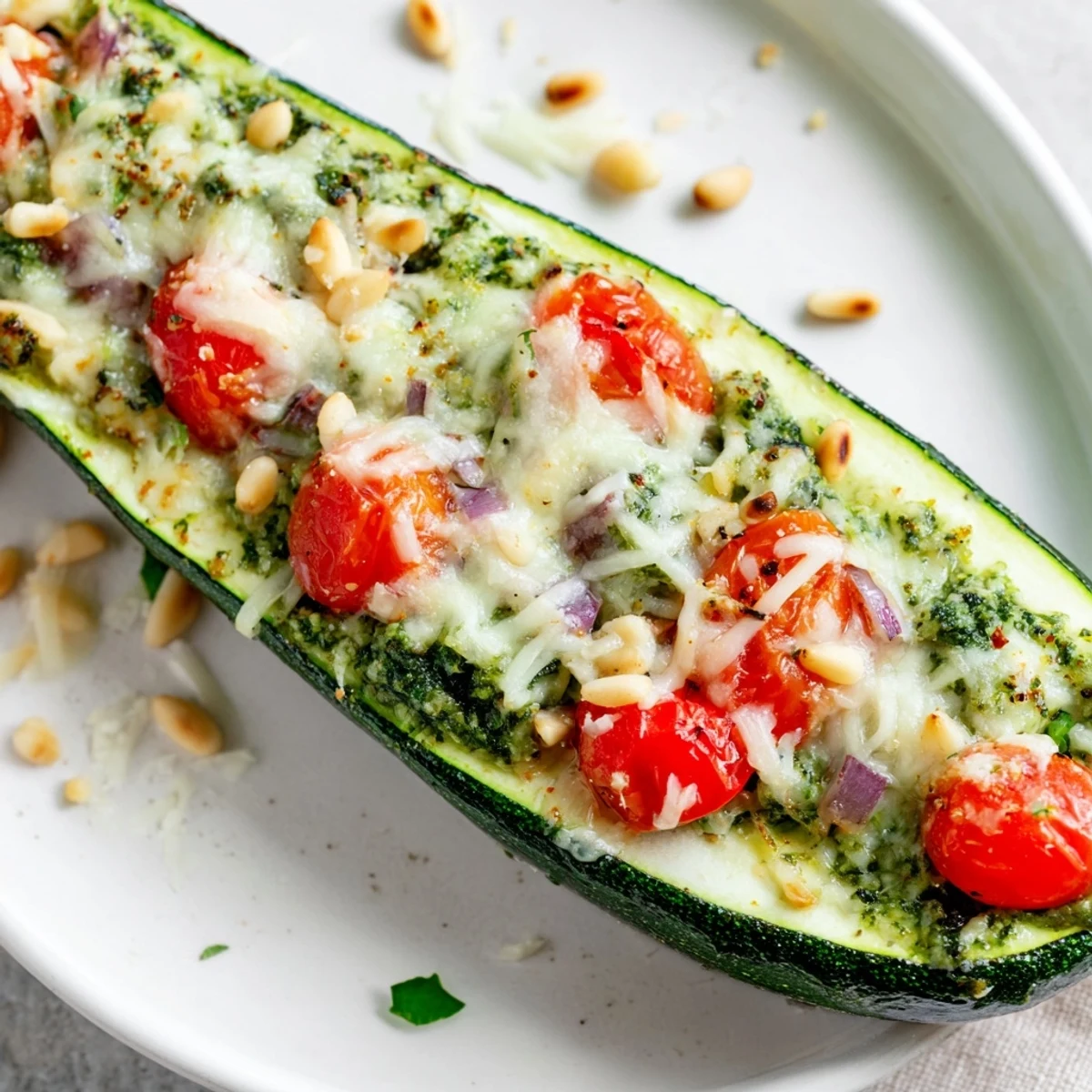 Golden cheesy pesto zucchini boats are baked until tender perfection, ready for a delicious vegetarian dinner.